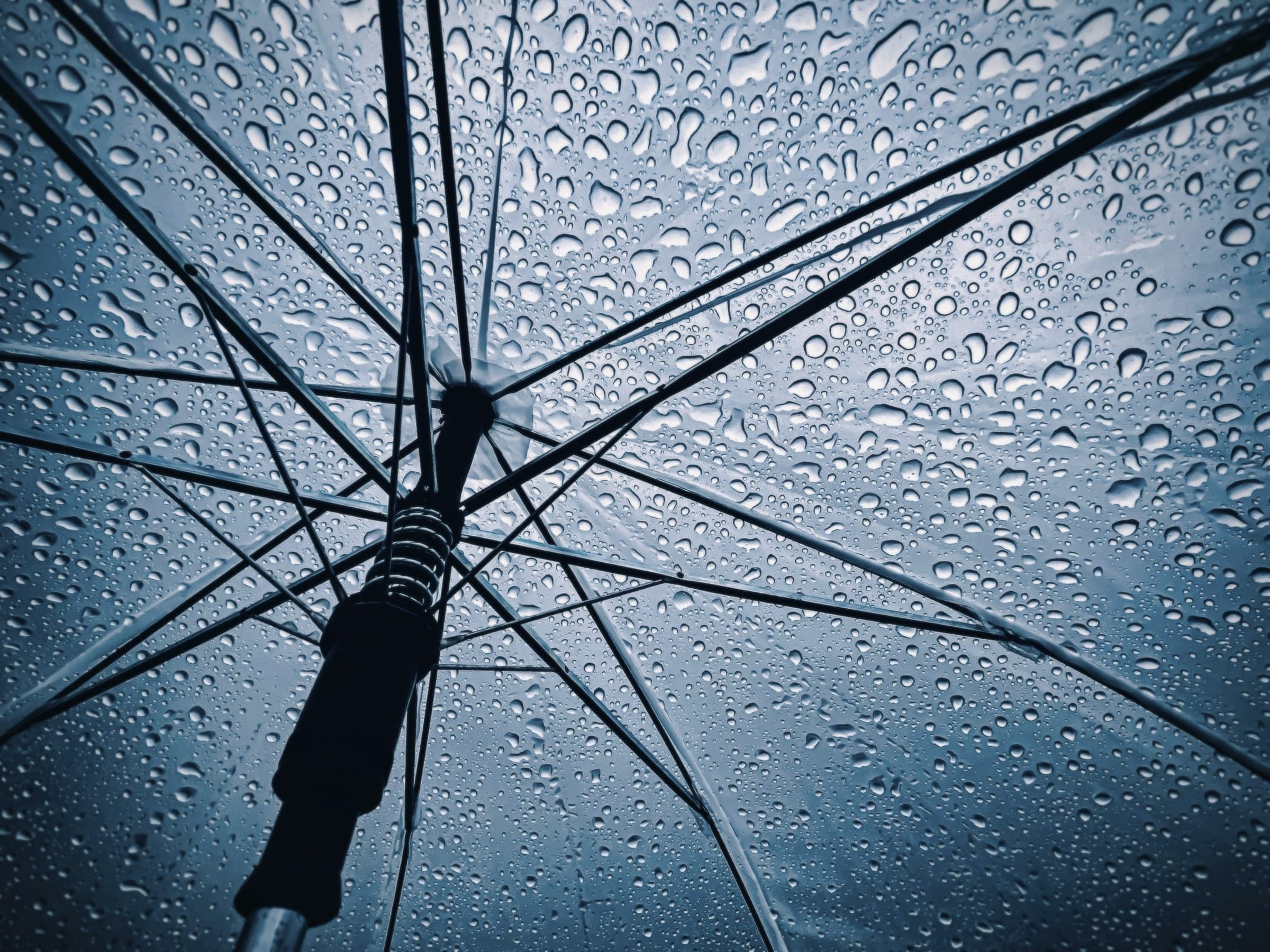 The underside of a clear umbrella covered in raindrops against a stormy blue-gray sky.